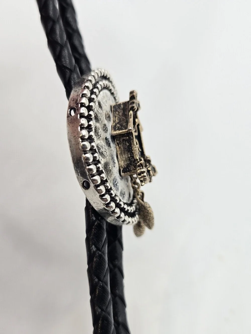 Silver Western Bolo Tie Avon Cuckoo Clock Medallion Leather Braid 70s Eclectic